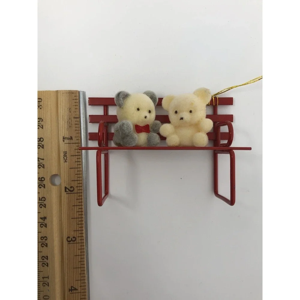 Vintage Russ Berrie & Co Red Metal Bench with 2 Bears Christmas‎ Ornament